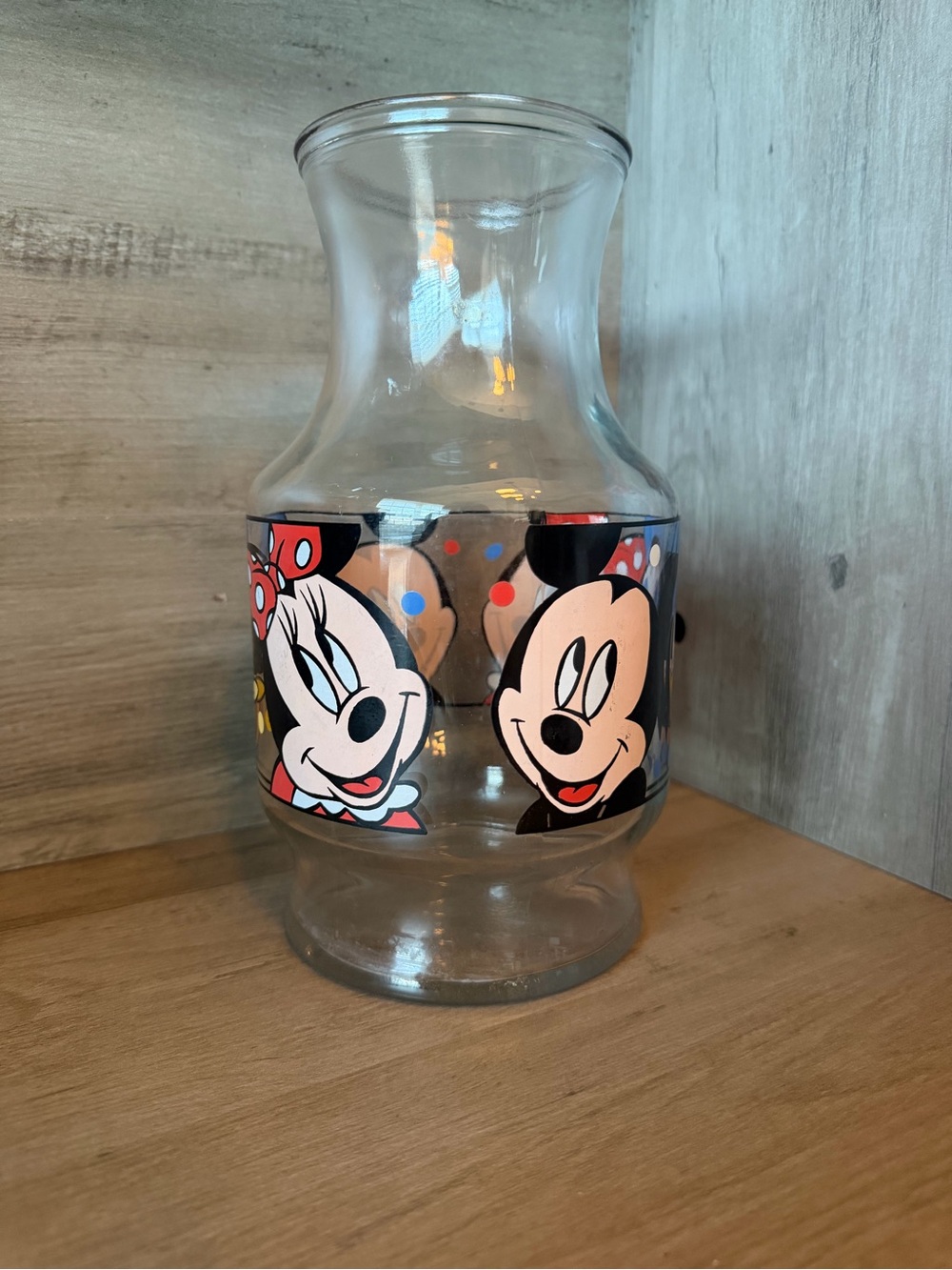 Vintage 1980’s Anchor Hocking Disney Glass Carafe Vase Mickey Mouse Minnie